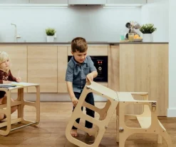 Torre Aprendizaje Montessori Mesa y Silla Natural / Plateado